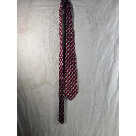 Pierre Cardin Other - Pierre Cardin Mens Silk Tie Red NavyBlue Silver Geometric Grid Pattern WPL 13185